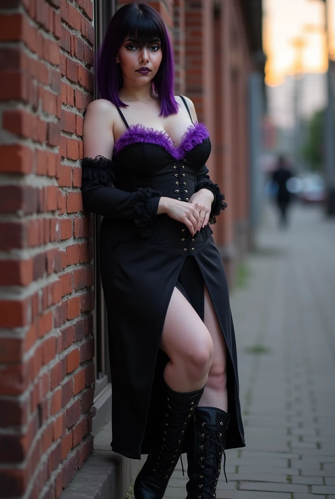 Portrait, gothic girl, Girl with pale skin, violettes langes Haar, Megan Vox, thin waist, dicke Oberschenkel, Sixpack Bauchmuskeln, straffe Beine, schwarzes Tanktop, zerrissene schwarze Hose, Gothic-Make-up, dicke Lippen, blaue Augen
((mejor calidad)), ((Obra maestra)), (detallado), cara perfecta, Imagine young gothic woman with dark purple hair styled in a dramatic manner..., estilo fluido, sus labios pintaron un atrevido tono de color burdeos oscuro. Esta caminando por un cementario, con ropa elegante gotica, con lentes oscuros, su cabello es morado