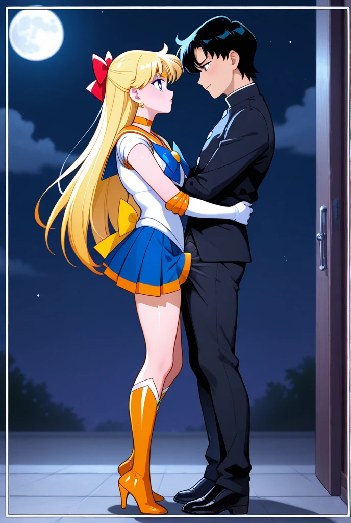 1girl, 1boy, standing,  from side,school uniform,hug kiss,<lora:properkissing_v1:.5> properkissing,french kiss,full body,
1boy,chiba mamoru, black tuxedo, french kiss,
BREAK
1girl,open mouth,french kisss,sv1, sailor senshi uniform, orange skirt, elbow gloves, tiara, orange sailor collar, red bow, orange choker, white gloves, jewelry