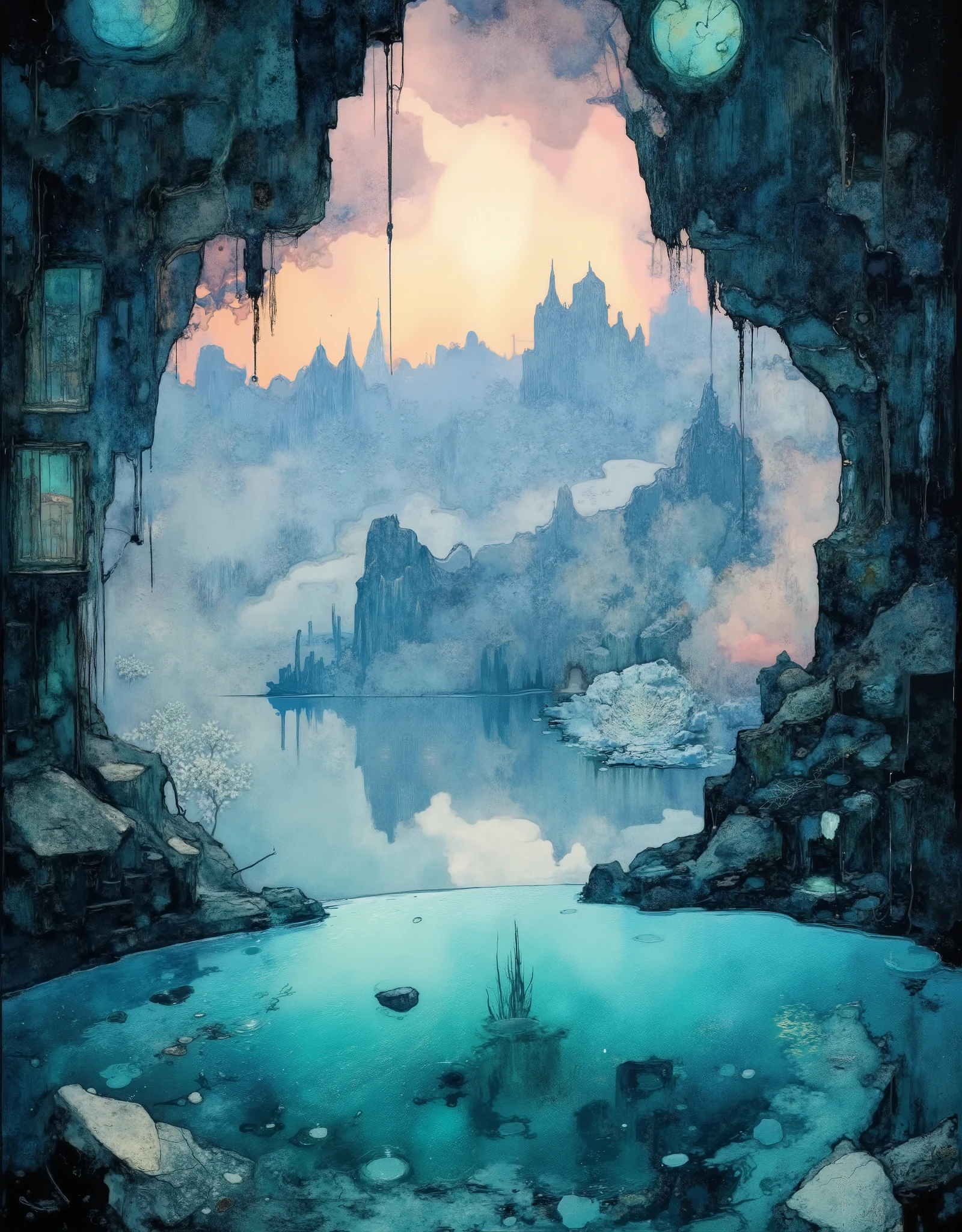 Realistic digital image of a mysterious hot spring surrounded by endless Arctic ice. Close-up: crystal clear turquoise water pulsates with warmth, creating a contrast with icy walls and sparkling snow patterns. Steam billows above the surface, mixing with the cold air and forming frost on nearby ice stalactites. The water shimmers with deep blue and emerald hues, and mysterious glowing minerals or ancient fossils are visible at the bottom. The ice around the spring is covered with cracks and patterns, like natural stained glass windows illuminated by the northern Lights or moonlight. In the distance, there are silhouettes of snow—capped mountains and ice hummocks, emphasizing the isolation and magic of this place. The style is hyperrealism with elements of fantasy, high detail (every drop of water, an ice crystal), cold color scheme with accents on warm turquoise tones of water.