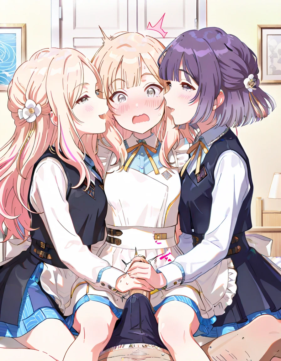 (masterpiece, best quality, ultra-detailed, high resolution, detailed eyes), {vulgar}, nsfw, takeda hiromitsu style, {{{3women}}}, school girl uniform, {all wearing pet collar}, licking penis, looking at viewer, 1boy, (blushing:1.3), (tongue out:1.3), (drool:1.4), (breath:1.3), orgasm, sweaty skin