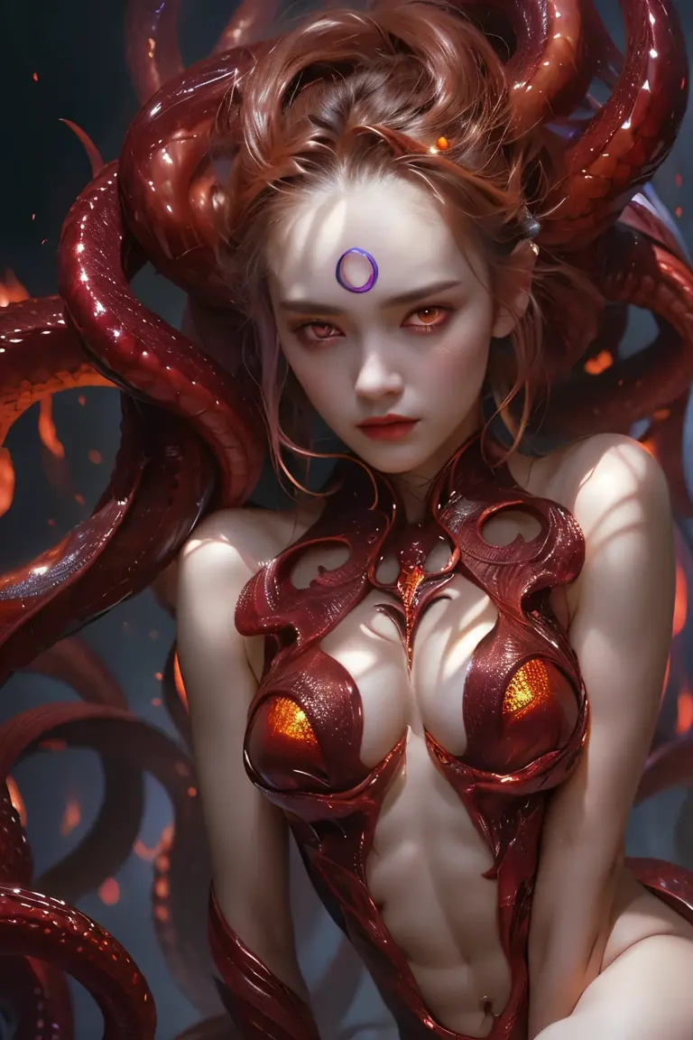 (1 female medusa-like mutant: 1.2), With a beautiful, enchanting face, this alien seduces us with her allure. Her captivating red eyes gleam brightly, reminiscent of burning embers. Her full body is unlike any human's, boasting a sexy, otherworldly form. No humans are present in this scene as she stands alone, her cells fused in a unique and intriguing extraterrestrial way. (NSFW:1.0), moist skin,
(extraordinary beautiful nude photo:1.4), (glowing Platinum eyes:1.5), (sexy and glamorous:1.1), (coquettish expression:1.2), toned lean body, (muscular body:1.2), (beautiful abs:1.5), beautiful nipples, She has lots of iridescent translucent tentacles instead of her hair, pale skin, (white skin with prominent veins:1.3), moist skin,
Lots of iridescent translucent tentacles adorn her body, shimmering under the dramatic lighting. Her pale skin, with a hint of translucency, adds to her ethereal allure. This masterpiece, rendered in