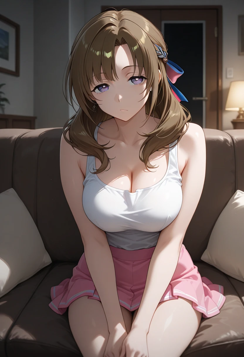 1girl in, ((masutepiece)),((Best Quality)),Ultra-detailed,illustratio,explicit,Beautiful body,Beautiful nose,Beautiful character design,Perfect eyes,Perfect face,Wallpaper,超A high resolution, 4K,Photography,((Beautiful, big breat)),(Beautiful face:1.2),Beautiful legs, Mayu Sakuma, Shiny skin,anime screen cap,official style, 1girl in, Solo, arrogant smile, Sunnyday,Daytime, Looking at Viewer, POV, Detailed eyes, Complex hairstyle、drooing eyes、princess dress, wide eyed, Crazy smile, Empty eyes, POV cowgirl, Sweat, flying sweatdrops, Cross your arms behind your back, I'm looking at you, pov, 30 years old, in a living room, (((Big breast))), adult, mature woman.