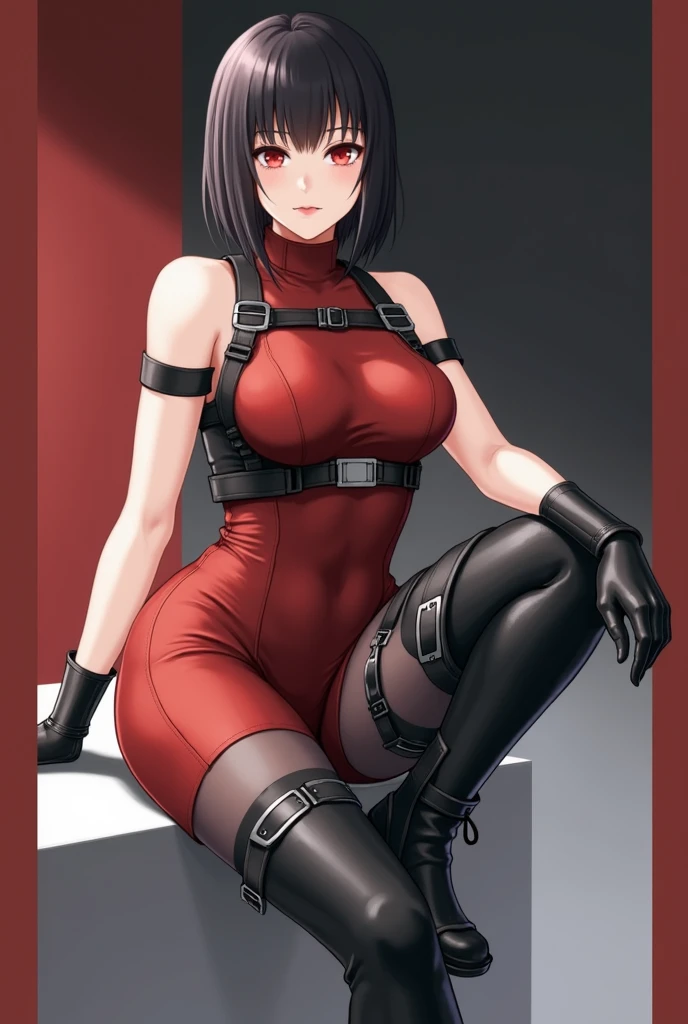 masterpiece, best quality, 1girl, solo, <lora:adawong-re-richy-v1:1> standing, adasweater, red sweater, turtleneck, harness, pantyhose, thighhighs, crossed arms, black gloves