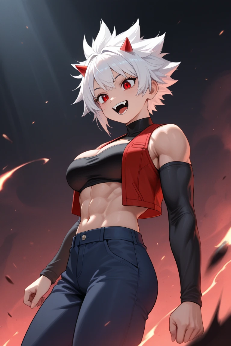 No hero: girl with long white hair and pink eyes wearing red lipstick dressed as love heroine manipulated love energy in hero pose.