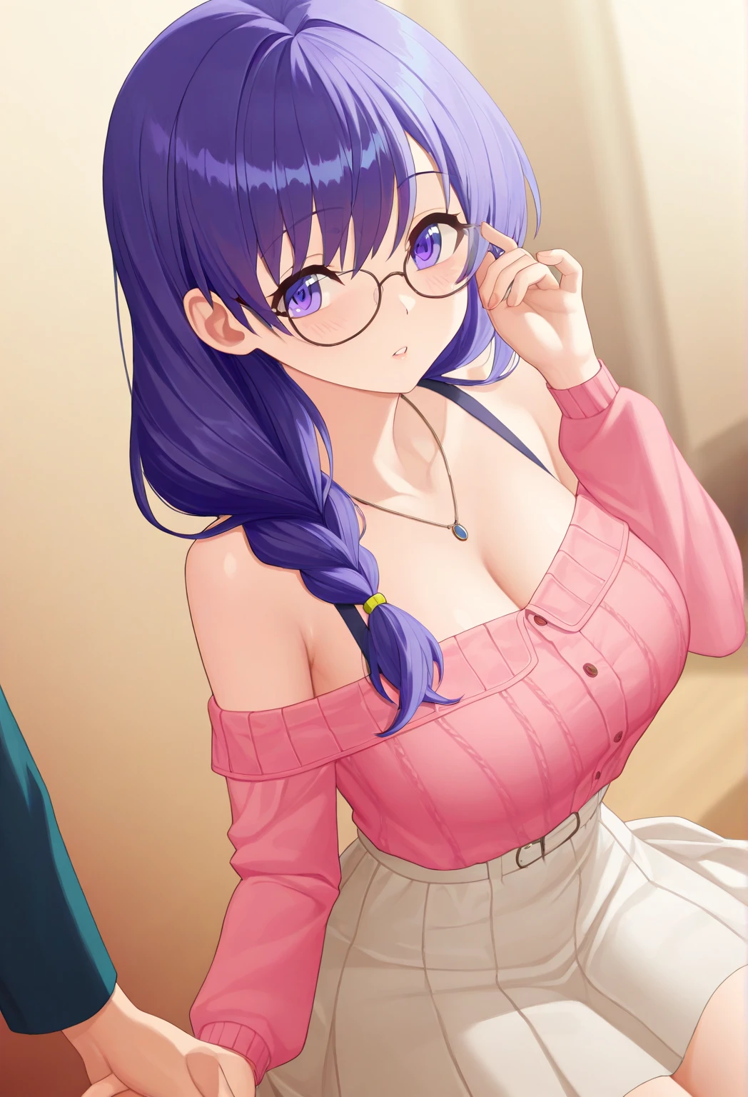 girl, light purple hair, red eyes, glasses, tanktop, choker, breasts