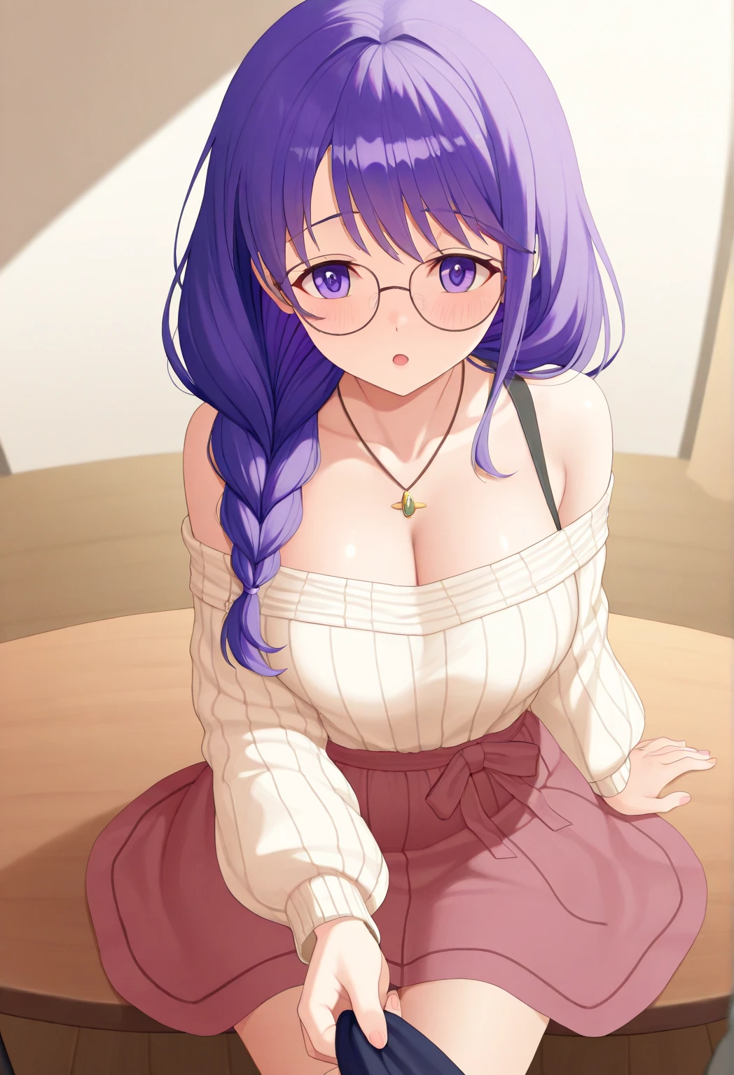 masterpiece, best quality, highly detailed, 1girl, solo, perfect anatomy, slim, red eyes, blue hair, bangs, purple hair, hair between eyes, multicolored hair, gradient hair, pink lips, thick thighs , edgCT, blouse, wearing edgCT, chic top, light smile, detailed background, outdoor, standing, sexy, sunglasses, skirt, earrings, necklace, bracelet,