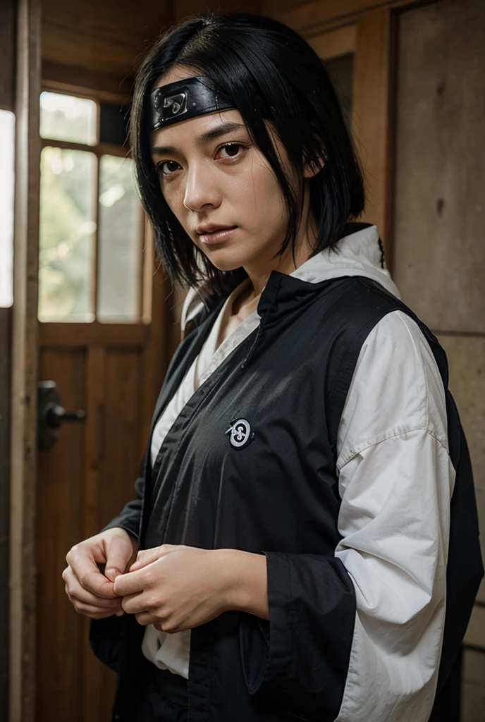 super high resolution,best quality,Photos,4k,(Realistic:1.2),zuozhu,solo,1boy,male focus,uchiha sasuke,black hair,hand on hip,white background,simple background,closed mouth,full body,standing,zipper,zipper pull tab,rope,hair between eyes,braid,pants,black eyes,short sleeves,shirt,bangs,grey jacket,black footwear,ninja,toeless footwear,looking at viewer,black pants,spiked hair, Sasuke Uchiha anime character  with black hair , left eye tightly closed bleeding, right eye eternal mangekyou sharingan glowing red, GlowingRunes_purple, live-action photos, masterpieces, nikon, close-up, super detailed face, soft lighting, 4d background, parallax effect