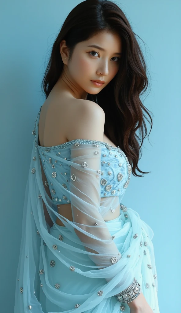 (8K, highest quality, masterpiece:1,2), (realistic, Photoreal:1.37), Super detailed, one girl,), (very detailed), (detailed and beautiful eyes), ((((highly detailed artwork))))、Earrings、((Two-toned hair))、ponytail、(((Inside a stylish secondhand clothing store)))、(masterpiece、Highest quality、In 8K、32K、masterpiece、Super huge 、Ultra-high resolution、Impressionism、Realistic:1.2)、((Cowboy Shot)),  Sharp focus、Beautiful face with detailed background of face and eyelids、Glowing Skin、Sharp pupils、Realistic eyes and beautiful face、Blurred Background、Beautiful 28 year old girl、Glowing Skin、(((bright and beautiful hair)))、iris、curve、Powerful composition,  ((seductive looks))、((horny expression))、、(light blue hair color))、[black hair]、Best Quality, Ultra High Definition, (Photorealistic:1.4),Sunset Light, Ponytail, Korean Women, (big breasts), ((highly detailed saree)), Detailed Photo, Smiling, Sexy, Facing Camera,  (Masterpiece: 1.3), (8K, Photorealistic, Best Quality: 1.4), (1girl), Beautiful Face, (Realistic Face), (Black Hair, Short Hair: 1.3), Beautiful Hairstyle, Realistic eyes, beautiful detail eyes, (realistic skin), beautiful skin, absurd, attractive, ultra high resolution, ultra realistic, high definition, golden ratio, sitting, crossed legs, ((shoulder length hair)), teen clothes, see_through clothes, modern saree, asian girl in Indian outfit, (lots of fabrics)