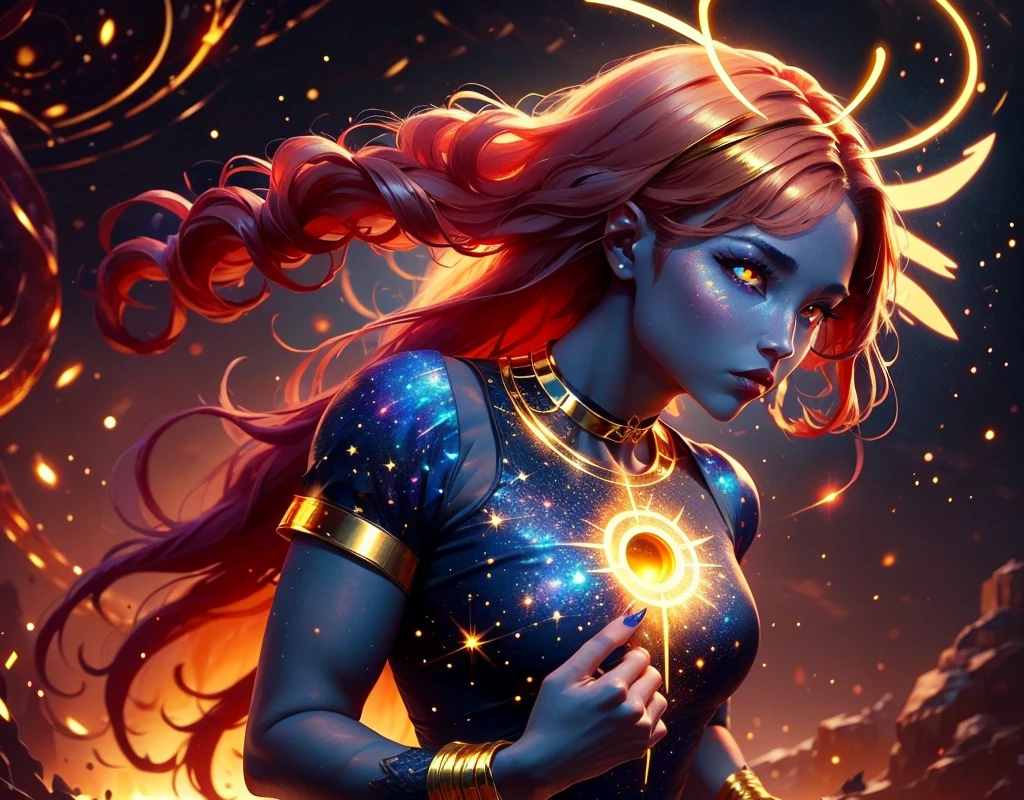 Looking at the viewer, vibrant look, goddess of multiversal monsters, female, evil goddess, serene, devilish smile, (lush hair, long hair, blonde, (forehead), messy hair), (yellow eyes+black sclera))))))) , Goddess long dress, thin, big breasts, wide waist, horrible, dark fantasy, destruction ((realistic master, psychedelic art, ultra-dectalized face, ultra-deatalized body, ultra-dectalized eyes, cinematographic, ultra-delay, severe Lighting, 16k)), -Slash Art 100, Chaos 750, Stylized 750, Galaxy, Stars, Planets in the background,