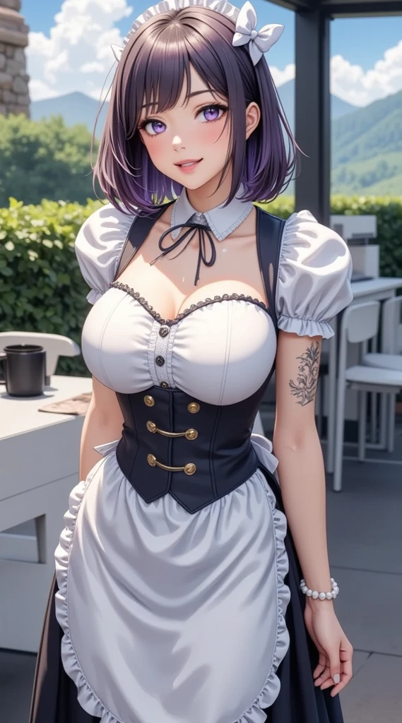 (Masterpiece, computer, mejor quality, Clear focus, shadow, anime style, Resolución ultra alta, 8K, perfect anatomy, perfect face, (detailed face), ( Detailed eye ), score_9, score_8_above, score_7_above, score_6_above, score_5_above, score_4_above, source _animated, Label 1, Label2, quality_Masterpiece, Anatomically correct, beautiful face, perfect face, Beautiful and highly detailed face and eyes, Attractive face, detailed face, delicate facial features, detailed skin, huge breasts, breast size cup D or DD, wide hips, gigantic butt, muslos gruesos. Anime style illustration of a beautiful woman with an elegant look and sensual. Anime girl looking elegant and flirty, with short bob style hair in a black tone with purple reflections, tied partially with a white ribbon that forms a bow. His eyes are big, of a bright violet color, with a friendly expression and light smile, and slightly flushed cheeks. She wears a classic French-style maid dress in black and white: white blouse with ruffles on the shoulders, tight black corset with gold buttons and decorative ribbons, and a white apron with pleated details. x} It has a pearl necklace and a bracelet on the right wrist. On her left arm there are tattoos of stylized symbols. in the background, you can see a modern outdoor lighting with white furniture, decorative vegetation, and mountains under a partly cloudy sky. The artistic style is realistic anime with high attention to detail, soft lighting and clean and attractive visual aesthetics.