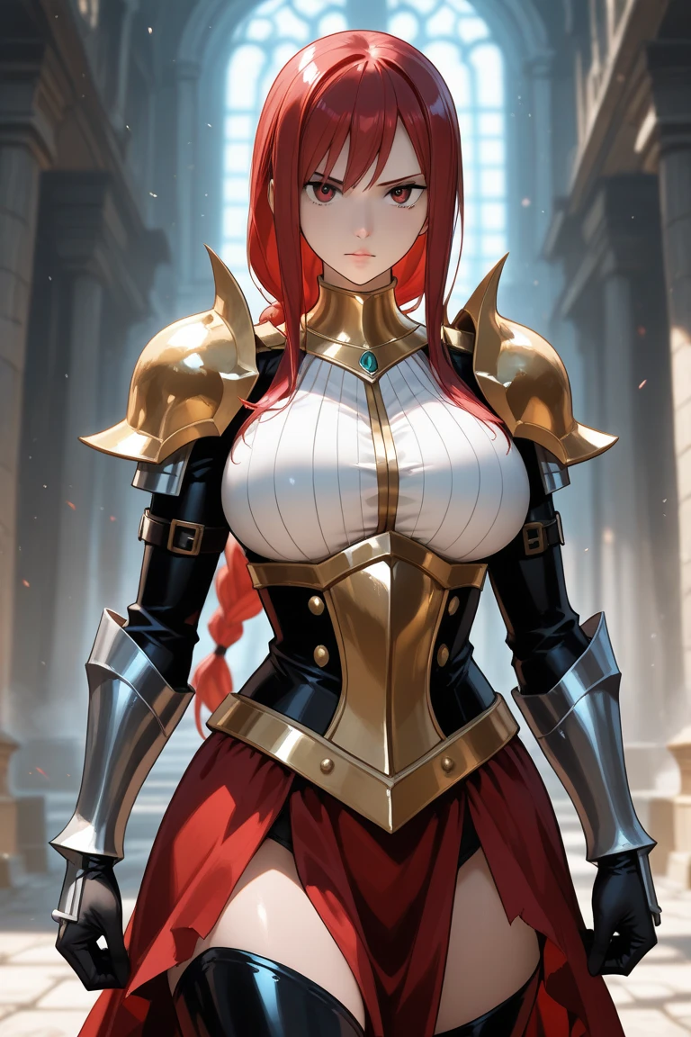 woman, long hair,, Golden Armor, Sagittarius Armor, very long hair, (long hair), long hair, (((Red hair))), (((Red hair))), Detailed images, Super definition, 16K, looking at camera, wing, Golden armor, helmet, Sagittarius Armor，Huge breasts，cleavage