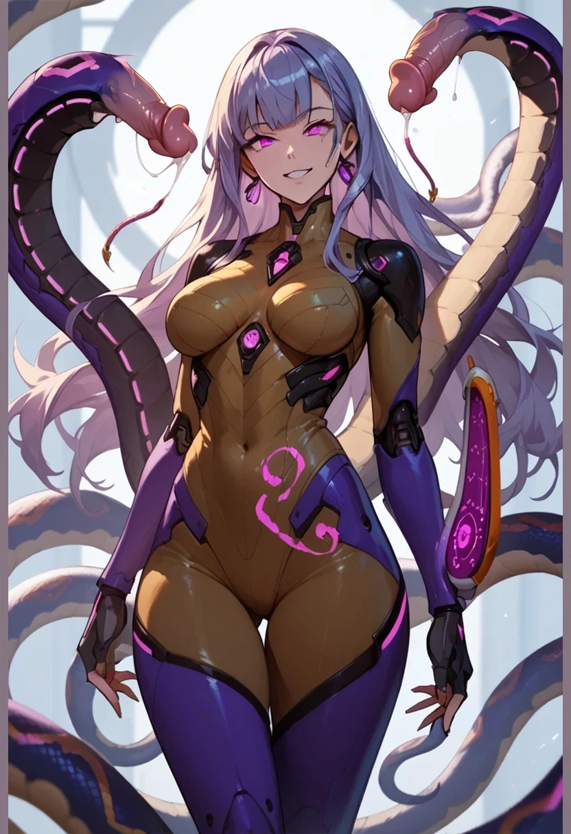 girl with octopus tentacles, short purple hair, beautiful emerald green eyes, closed mouth, exciting pose, smile, full body, unique costume with tentacles, looking forward, deep sea background, black and purple theme, playful and cheerful expression, black and purple costume with tentacles, lively design,