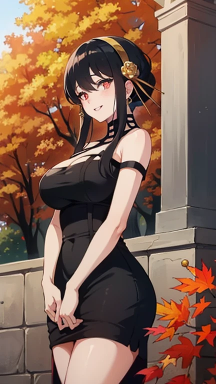 (masterpiece, best quality, glowing light, glistening, shiny skin, ultra detailed, detailed background, complex background),(perfect face, detailed face, detailed eyes,perfect hands,perfect fingers), (large boobs:1.2,smile),(mature female:1.4),cowboy shot,thicc,
yor,long hair,((gradient hair)),multicolored eyes, gradient eyes, (glowing eyes:1.5), mascara, (fashion make up), parted lips, hairband, jewelry, earrings, hair ornament, hair flower, flower, gold hairband,dress, black dress,
((park, fountain, leaves in the air, wall, autumn, trees)),((super detailed background)), dynamic poses, ((8k wallpaper)),