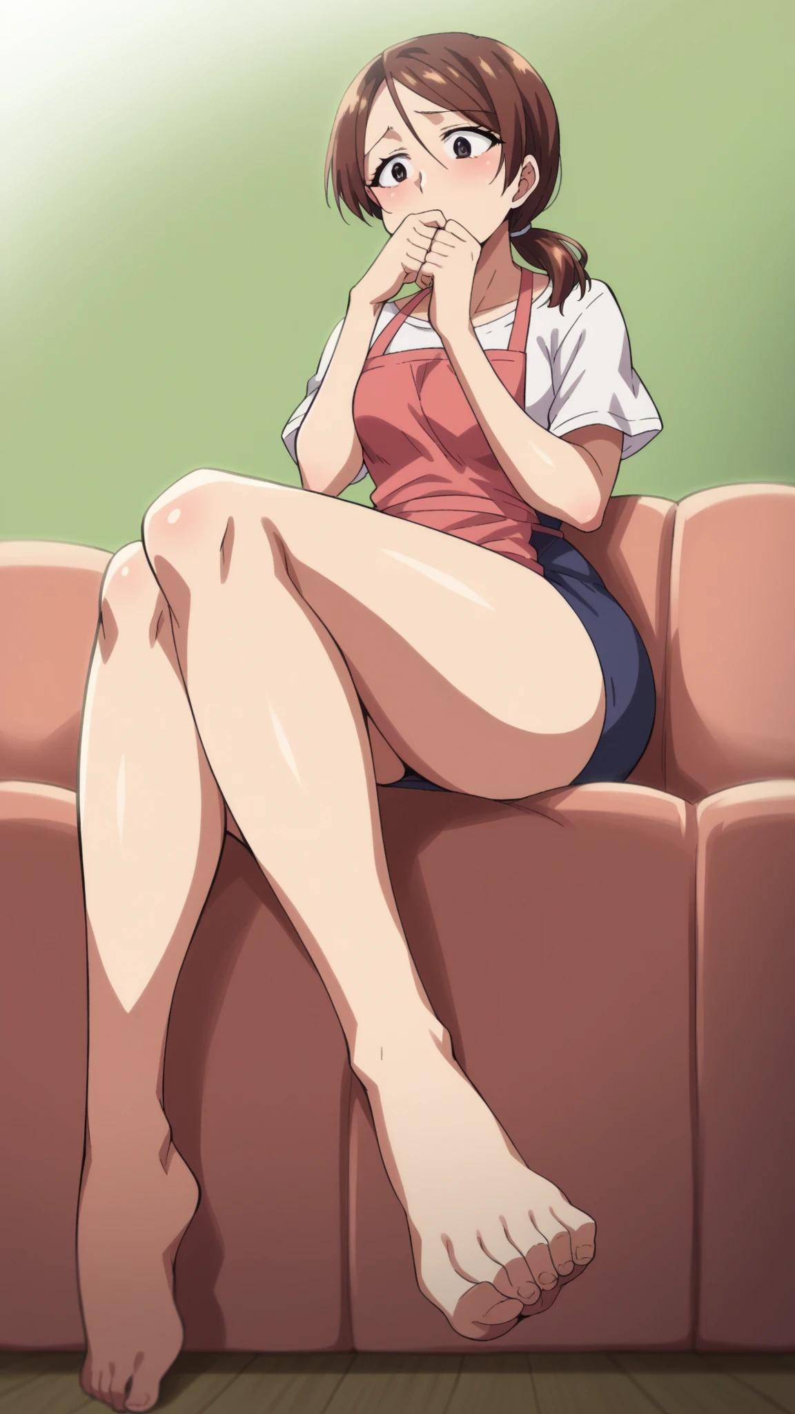 ((Medium Shot)), beautiful girl, skinny, boyish, very short hair, brown hair, (wear a white long-sleeved T-shirt), (white bikini panties) , Perfect hands, Perfect body, put her feet on the table., (bare foot), ((looking away)), relaxing, ((Exquisite detail)), Very finely crafted fingers(((10 fingers))), , (Full-body showcase), (Show your whole body), (No logos on background), (No logo), (taken from below),
