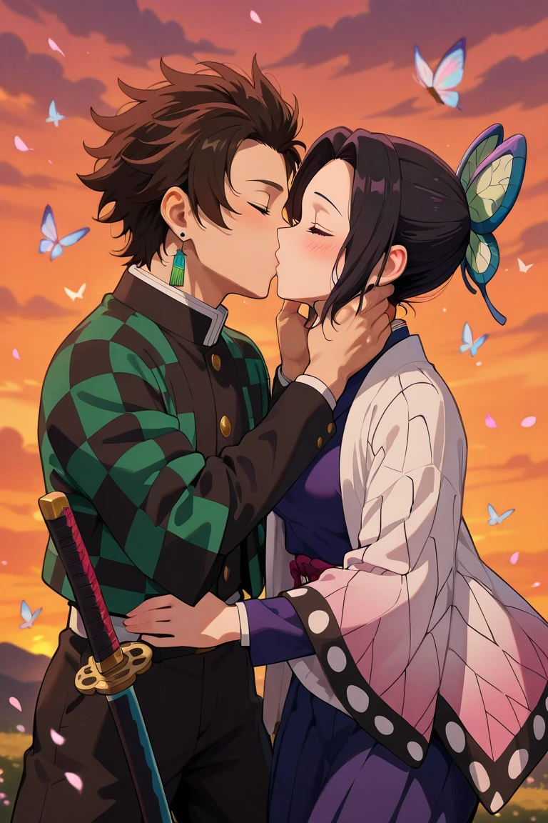 beautiful anime girls, two girls kissing, short wavy brown hair, freckles. Dark purple robes, long skirt, petals, samurai, dark eyelashes, perfect eyes, perfect face, intricate, intricate details, epic, character portrait, cinematic portrait, anime, anime art