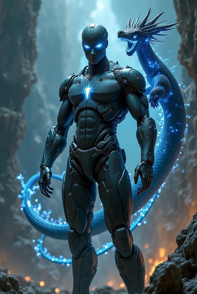 (full body shot), (realistic style), (furry), (humanoid), male nuclear dragon, obsidian dragon body, blue nuclear core in the chest, glowing nuclear blue markings, glowing blue eyes, abandoned reactor site background