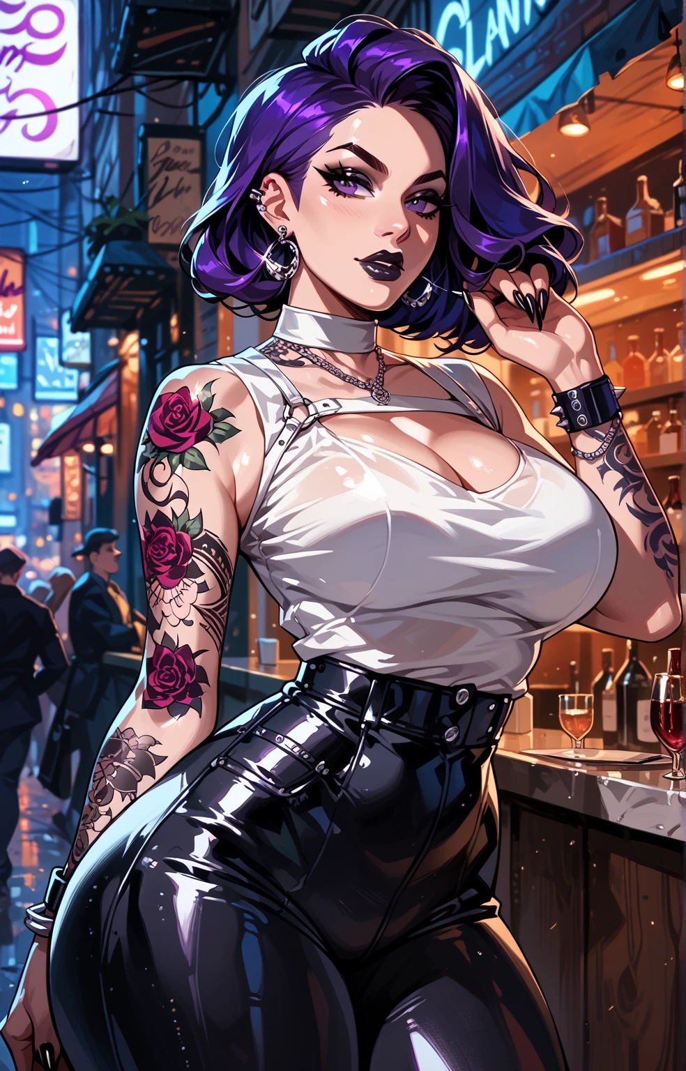 sam manson, pinup poster, ultra detailed, rim light, beautiful background, black hair, purple rounder eyes, thicker red lips, fishnet stockings and gloves,spiked choker and wristbands, black skirt with green checkered pattern, navel piercing, goth makeup, goth girl