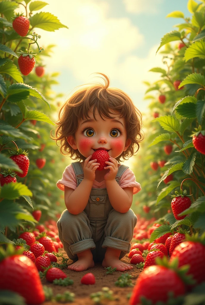 A little baby in the strawberry garden, ripe strawberries, sun, fun, dynamic light, cartoon style,
digital painting, high quality, 8K --auto --s2