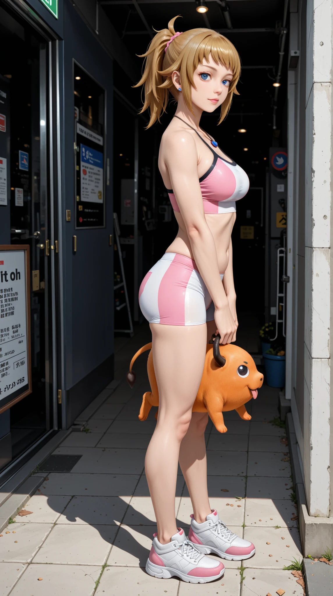 A lovely woman is in a form fitting lobster costume, she is outside of a sea food shop trying to draw in customers, a  and his puppy won't leave her alone
