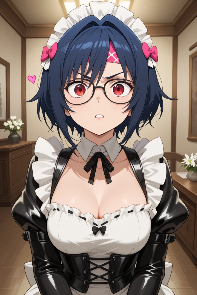 close-up, 1girl, maid costume with collar and black ribbon tie and very low cleavage, long black hair, angry grin, clear glasses with red frame, red pupil eyes
