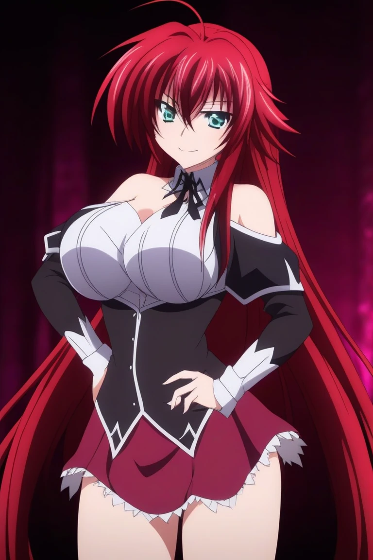 rias, 1girl, solo, long_hair, breasts, smile, blue_eyes, large_breasts, looking_at_viewer, hair_ornament, dress, cleavage, jewelry, upper_body, ponytail, ahoge, red_hair, earrings, necklace, alternate_hairstyle, red_dress, huge_ahoge