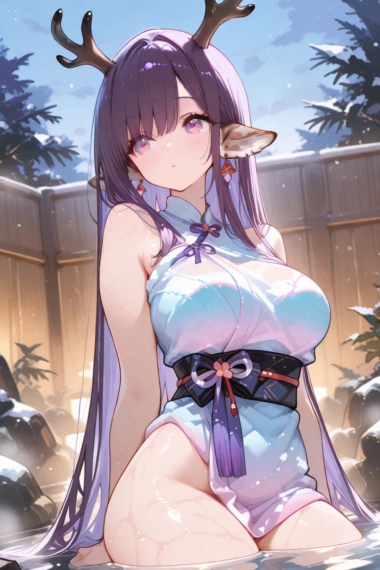 kiyola2st, low-tied long hair, horns, hair flower, white gloves, elbow gloves, naked, yellow bow, detached collar, , empty eyes , large breasts, nipple, Running, , Heavy snowfall area frozen wet crying mountain Alone, Smile Naked, solo, 1girl,