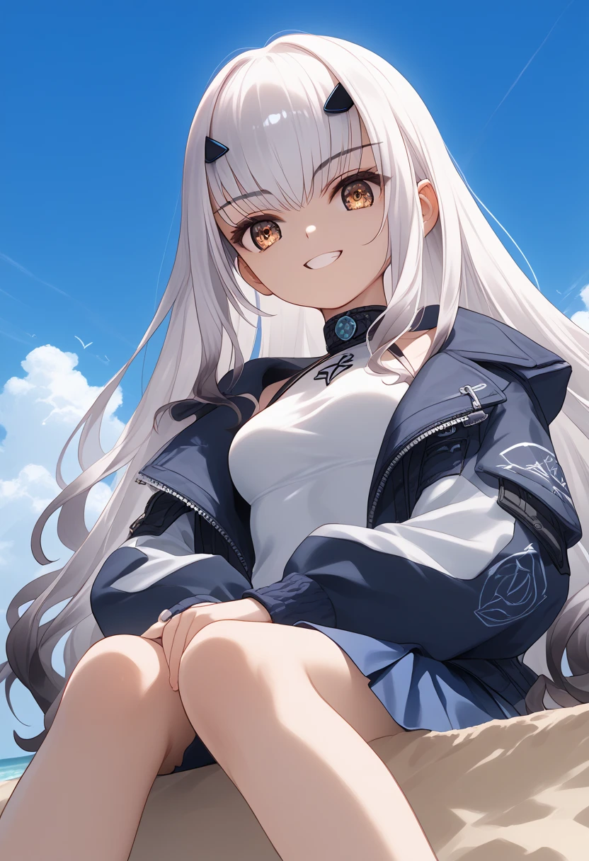 (best quality:1.3), (masterpiece:1.3), (illustration:1.3), (ultra-detailed:1.3), (mid shot:0.9), 1girl, heterochromia eyes, (((red right eye and gray left eye))), (((red right eye))), (((gray left eye))), (((heterochromia))), black headband, white hair, bangs, open sweater hoodie, solo, (((large breasts))), mature, day time, blue sky, cloudy sky, grass, park, long hair, light smile, skirt, pantyhose, mature, 20 years old, squatting, 