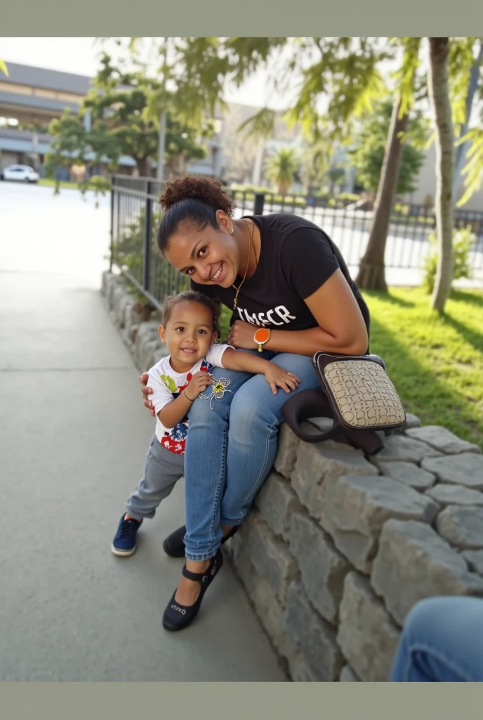 There is a woman and a child standing in a room, modelagem para dulce e gabanna, alto e pequeno, 3 5 year brazilian mother, with a kid, Foto realista, usando camisola e botas, She stands tall, grandes e pequenos, Sistina, figura alta e magra, alto e magro, Latim, mini-saia, coluna, modelagem