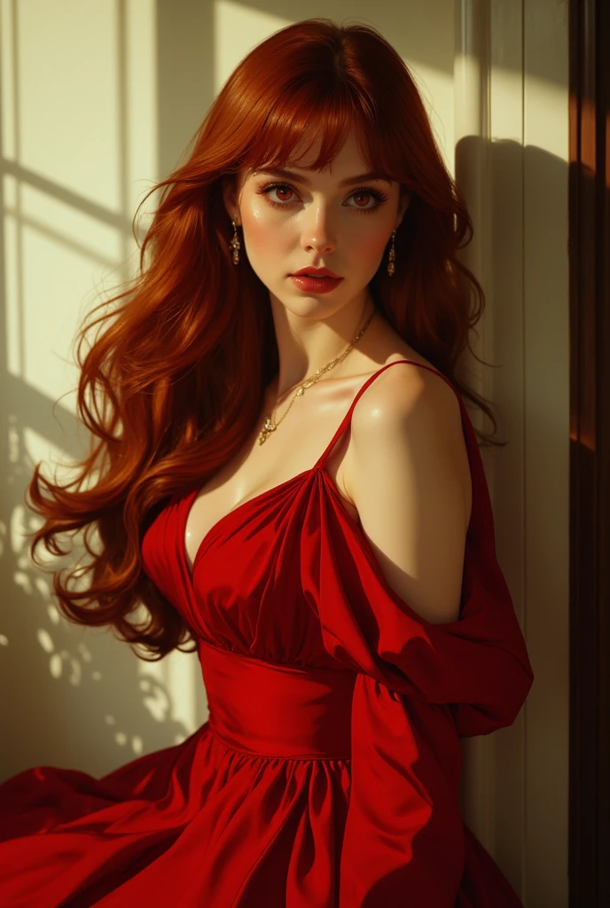 Beautiful redhead girl, Bryce Dallas Howard, with dark blue and shor chanel hair (Extra long wavy red tresses), ((Portrait)), ((Detailed face:1.2)), ((detailed facial features)), (finely detailed skin), fair complexion, ,posing elegantly on flower shop, Radiating confidence, (Fashionable red dress), (Photorealistic rendering), (High resolution: 4K or above), (Sharp rendering: Retina ready), Masterpiece, (Cinematic mood), Captured using Canon EOS R6, 85mm Lens, F/1.4, Natural light, (Detailed