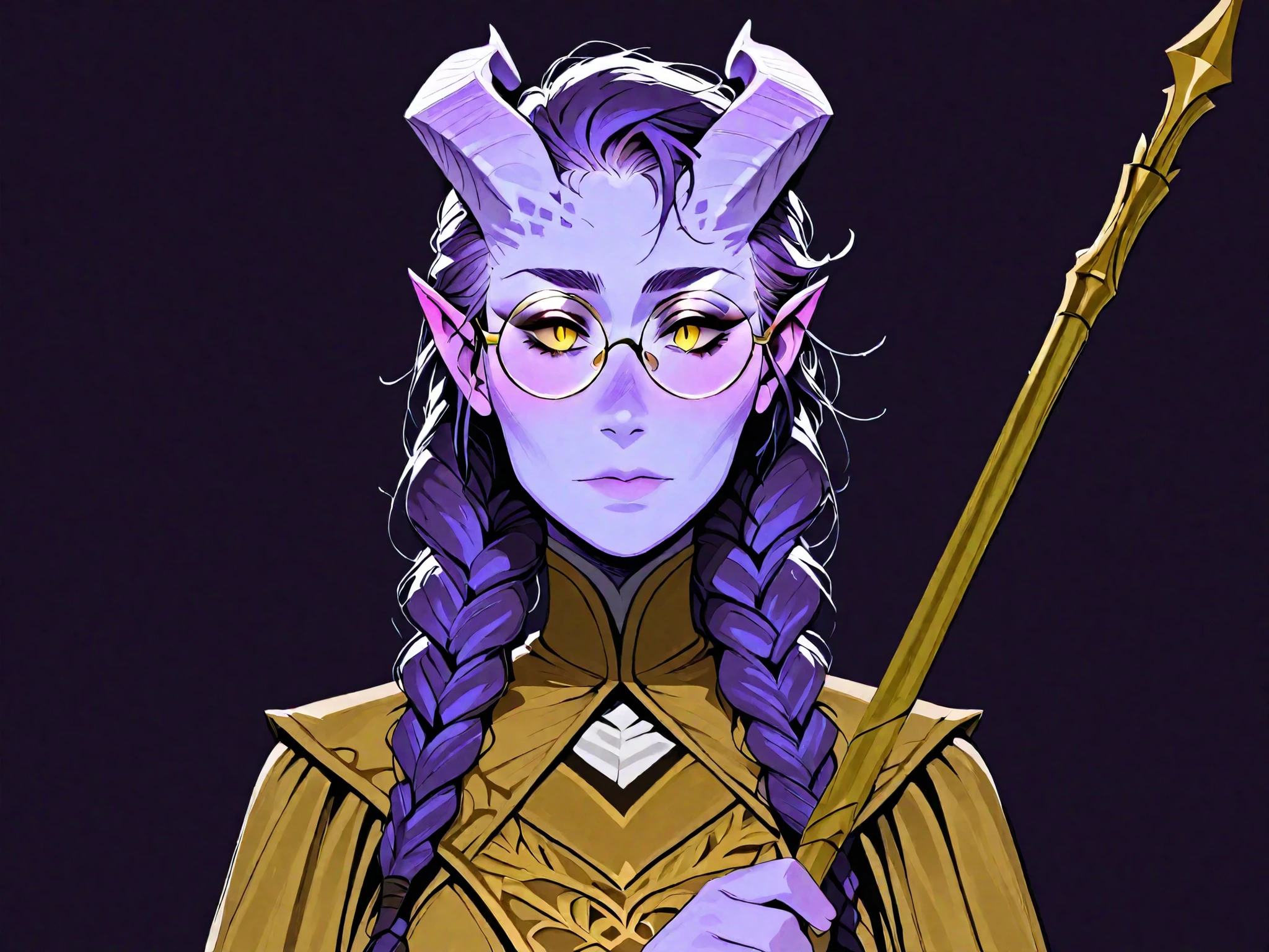 score_9, score_8_up, score_7_up, score_6_up, score_5_up, score_4_up,
BREAK
(masterpiece: 1.0), best quality, perfect anatomy, perfect composition, perfection,
BREAK
cinematic lighting,
BREAK
1girl, DND character art. Tiefling, purple skin, golden eyes, holding quarterstaff, golden cleric outfit, round glasses, double braids, front facing bangs, simple background,