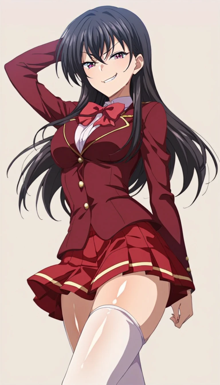 (nsfw)(masterpiece), Super detailed, High resolution, Best illustrations, Ultra-fine illustrations, (Official Art:1.2), (Anime screenshots:1.2), Beautiful face and eyes in every detail, Anime key visual, Perfect Anatomy, 8K Portrait,
One girl,
suzune horikita,
suzune horikita \(youjitsu\),
Long Hair, Braiding,
Black Hair,
(Red eyes:1.2), Slanted Eyes, Small eyes,
Blue ribbon,
Medium chest,
(,Red jacket, Black thigh-high socks),
BREAK Watch Viewers,
Cowboy Shot,
Perfect light,
Indoor Background, School building, ((White panties,undressing,))