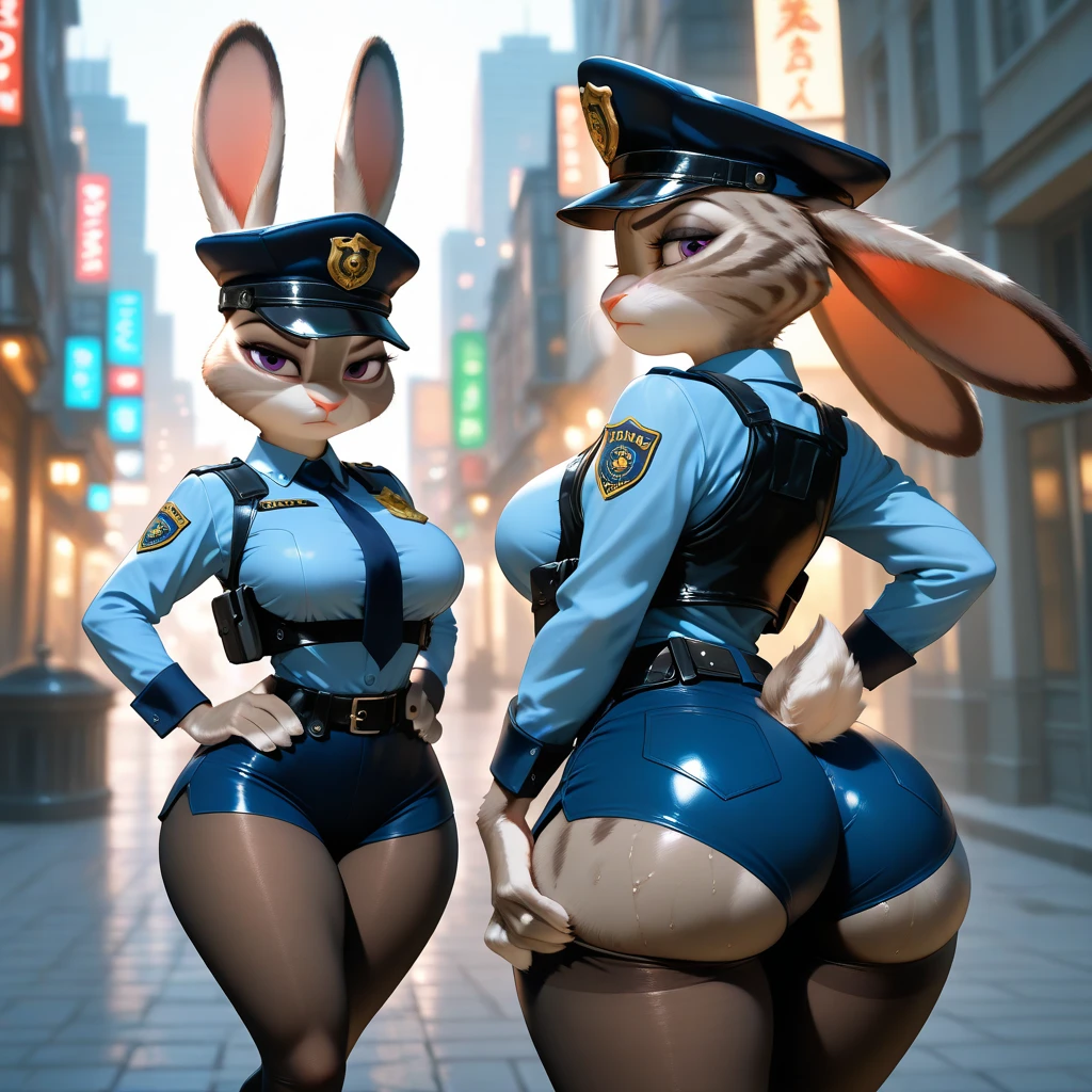 Solo, standing, female, ((rabbit, hare, hair, snout)), by bebebebebe, by spuydjeks, (big breasts), street, (((dark brown fur))), slim, skinny, small waist, fur pattern, blue military spacesuit