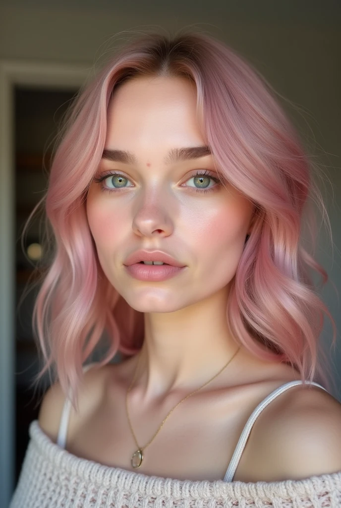 Fleshy, well-designed lips, large, voluminous breasts, hidden by a thin nightgown. well-aligned shoulders and with some attractive freckles