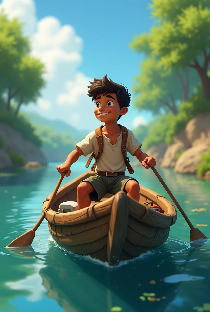 Image of a boy disciple of Jesus dressed as a fisherman sitting on a Disney boat