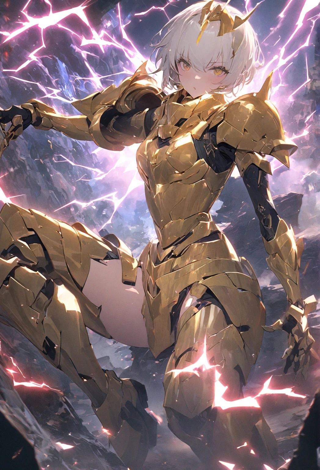 score_9_up, score_8_up, score_7_up, source_anime,masterpiece, best quality, high resolution, extremely detailed CG, absurdres, highres, 1girl, solo, a mecha girl in golden armor with glowing mecha_wings fights at battlefield, ((body surrounded by yellow Battle Aura and lighting)), wings of light, long hair, white_hair, glaring, cleavage, thighs, off-shoulder, (((Shining Armor, glittering Armor))),((mecha wings)), headgear, flying, blue sky, full body, from below, Futuristic, ((aura,Battle Aura, lighting),good_hands
