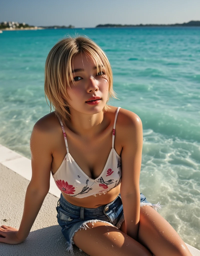 ((Highest quality, 8K, masterpiece :1.3)), Sharp focus :1.2, Beautiful woman with perfect figure :1.4, Slim Abs :1.2, ((Big Breasts, Emphasize cleavage:1.3)), (Photorealistic:1.4), (realistic:1.4), Highly detailed face and skin texture, Fine grain, double eyelid. Makeup face. A little bit of lipstick, necklace, Earrings, sex appeal, Sexy gravure pose, ((Lying in a hammock、Sexy woman in a cutout dress。Short-cut blonde、Relaxed expression with eyes closed。Palm trees and blue sky in the background。:1.3)