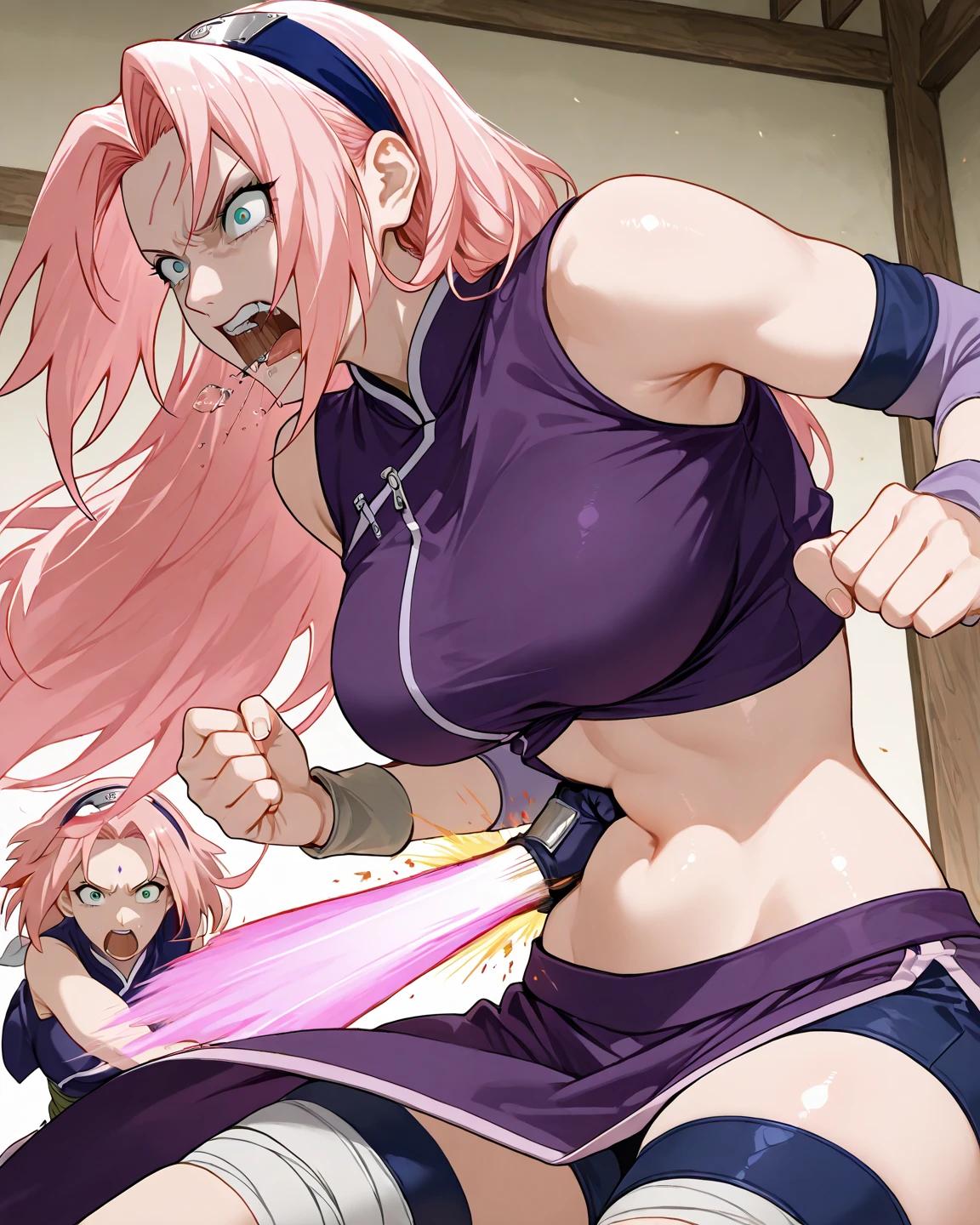 masterpiece, best quality, beautiful art, high resolution, well formed hands, body and fingers, 1 woman, solo, Stella Vermillion, grown up, adult, big breasted, cleavage, full body, hair ribbon , cosplaying as Mai Shiranui, gorgeous legs and thighs,  ryona , in peril, she is being beaten up by her opponent, she is knocked down and she is slapped in the face and being slammed against the floor, receiving the impact of her opponent's attacks, closed eyes, screaming in pain and agony, ryona and perilous scene, bouncing breasts, weak and helpless, martial arts tournament on the beach 