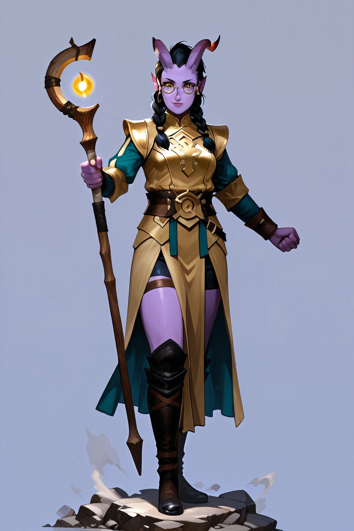 score_9, score_8_up, score_7_up, score_6_up, score_5_up, score_4_up,
BREAK
(masterpiece: 1.0), best quality, perfect anatomy, perfect composition, perfection,
BREAK
cinematic lighting,
BREAK
1girl, DND character art. Tiefling, purple skin, golden eyes, holding quarterstaff, golden cleric outfit, round glasses, double braids, front facing braids, simple background,black hair