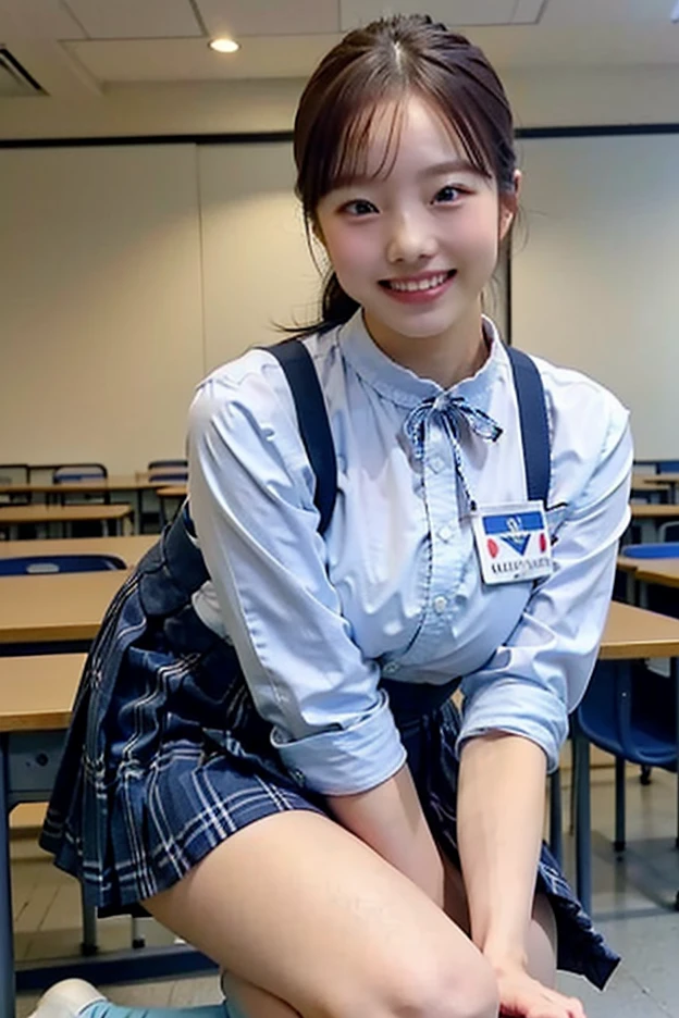 (highest quality),(high resolution),(masterpiece),(High resolution),Real,(classroom),whole body,Looking at the camera,((solo)),Japanese,Cute 16 year old girl,((high school girl)),((Schoolgirls' summer uniform)):1.5,((A navy blue short miniskirt from a girls' high school uniform)):1.3,((Big Tits 1.5)),((Cleavage:1.5)),((Nipple bumps)):1.5,classroomの机の上に座る),((シャツのボタンを外しCleavageを見せる)),Perfect body style,((Detailed blue eyes)),((Pure Bangs)),((Short black bob hair)):1.5,Detailed face,White socks,blush,Embarrassed,loafers