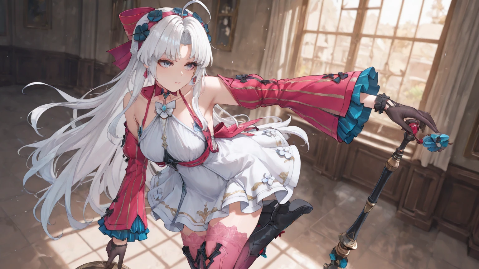 Virgin，Elegant and charming，hapiness，gentle expression，in love，(Transparent colorful Hanfu，Sophisticated and gorgeous design)，black gloves，silver hair，blue eyes，see through transparent clothes，Exquisite hair accessories，Transparent lace，Engraving pattern，dress nicely，The background is an old Chinese palace，Inside the hall，elegant posture，night，black，Super super details，Divine magic，light particles，Exquisite and beautiful face and eyes，light redraw，repair finger