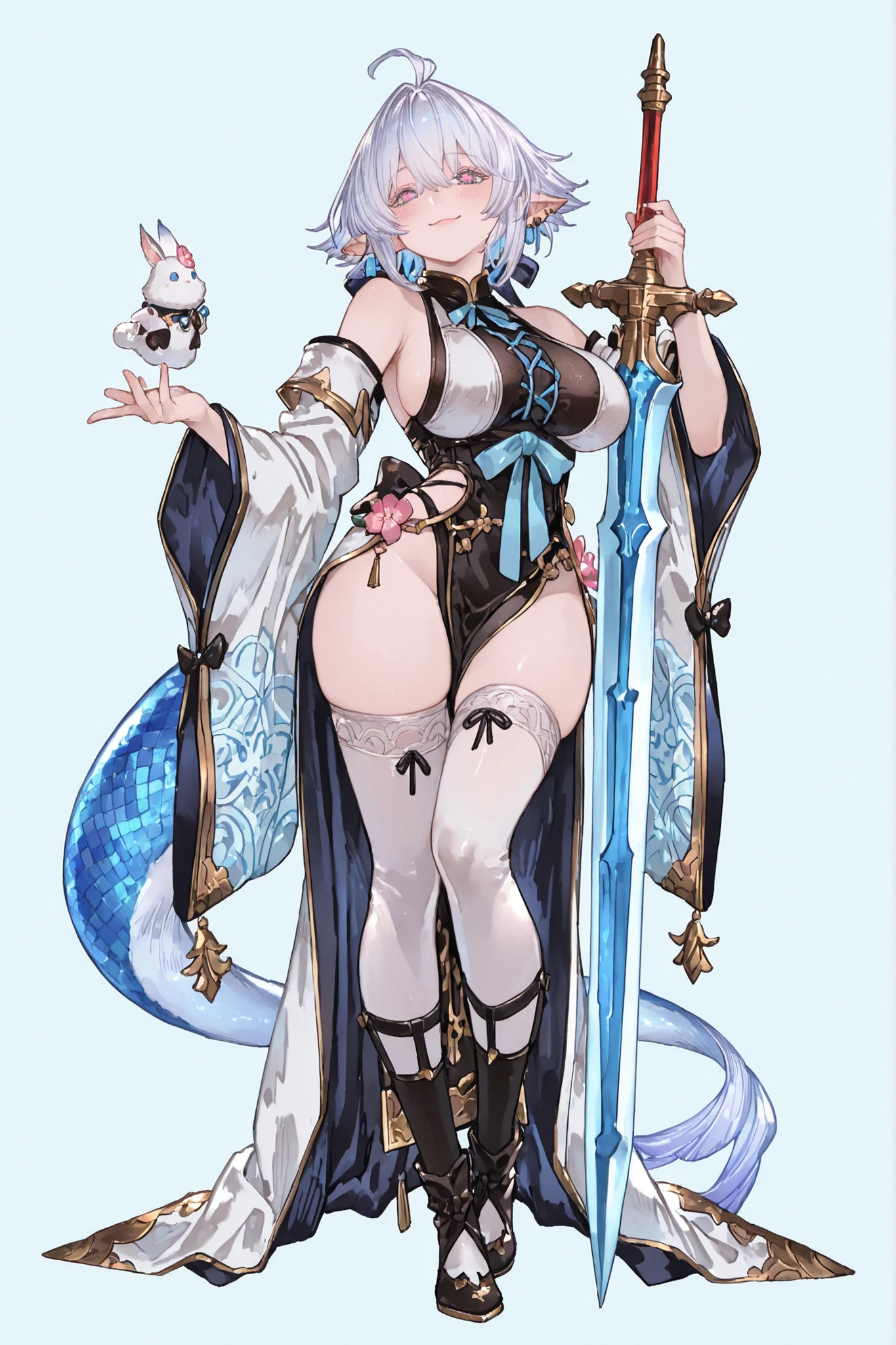 score_9, score_8_up, score_7_up, score_6_up, uncensored, miyamoto musashi, silver hair, bangs, blue eyes, makeup, BREAK (masterpiece:1.2), best quality, high resolution, (illustration:0.8), (detailed eyes:1.3), perfect lighting, (perfect hands, perfect anatomy), hearts, pleasured, large breasts, 1girl, solo, looking at viewer, simple background, hair ornament, gloves, white background, holding, bare shoulders, full body, weapon, black gloves, spread legs, nail polish, feet, covered nipples, cup, clothing cutout, bodysuit, covered navel, toes, cameltoe, polearm, tassel, toenails, partially fingerless gloves, black bodysuit, toenail polish, toeless legwear, drunk, breast curtain, bridal legwear, slime \(genshin impact\)