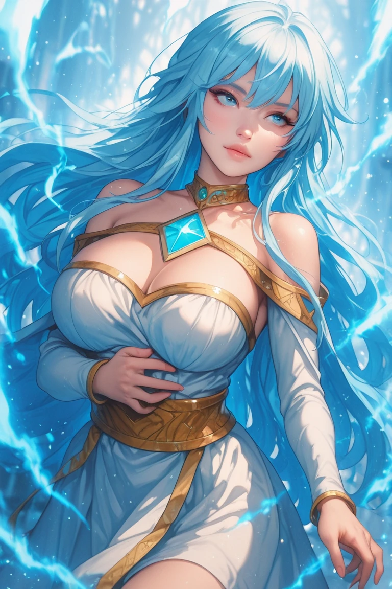 Girl, big boob , blue hair, long hair,straight hair,aqua magic girl, magic, white backgorund