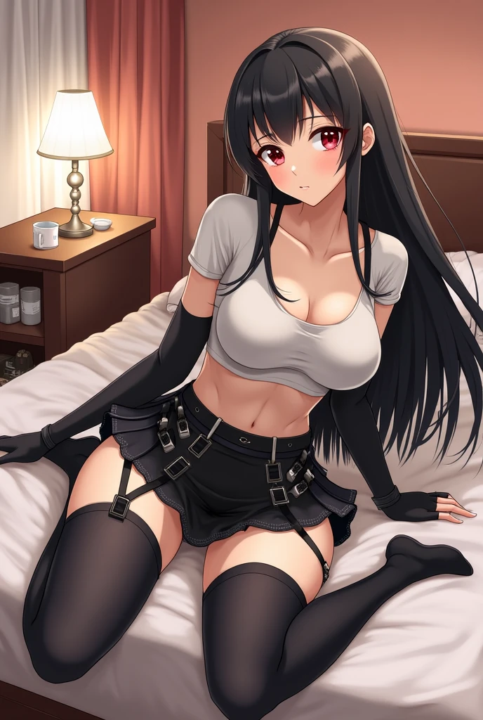 tifa ff7, 1girl, solo, looking at viewer, blush, sitting, on bed, wariza, seductive smile, tank top, black skirt, suspender skirt, midriff, black thighhighs, red gloves, bra, zettai ryouiki, bent over, head tilt, one eye closed