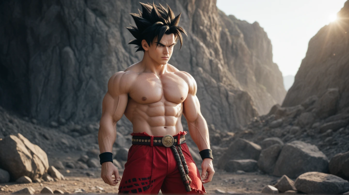 Slightly muscular adult male, Goku (Dragon ball z) super saiyajin, cabelos neon dourados, full colour de corpo inteiro em postura de voo de perfil, roupas laranjas, ki dourado refletindo sobre o corpo, "sun sunset", 4k.
