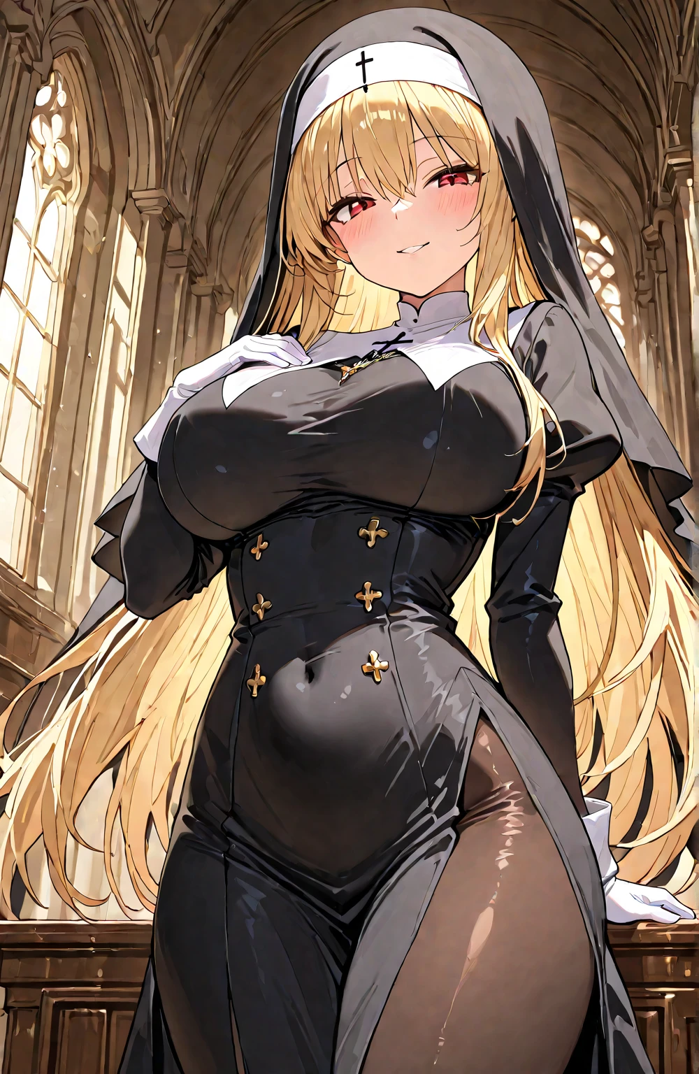 Anime girl, 1 anime girl, long blonde hair, golden eyes, glowing eyes, nun habit, black corset, mini skirt, black lace stockings, panty shot, butt, blush, cat ears, cat tail, slender, wide hips, large breasts, dawn, castle church, sunlight, white skin, beautiful, happy pose, parted lips, sad smile, embarrassed, blushing, large stained glass window