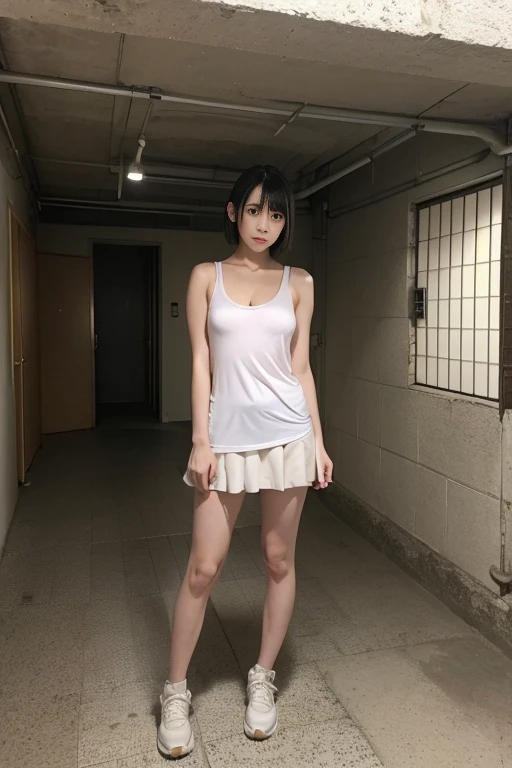  girl, Alone,standing_to divide, 
Yuuki Mikan, wide，negro sleeveless short vest，pink skirt，negro, naked without clothes you can see her vagina 