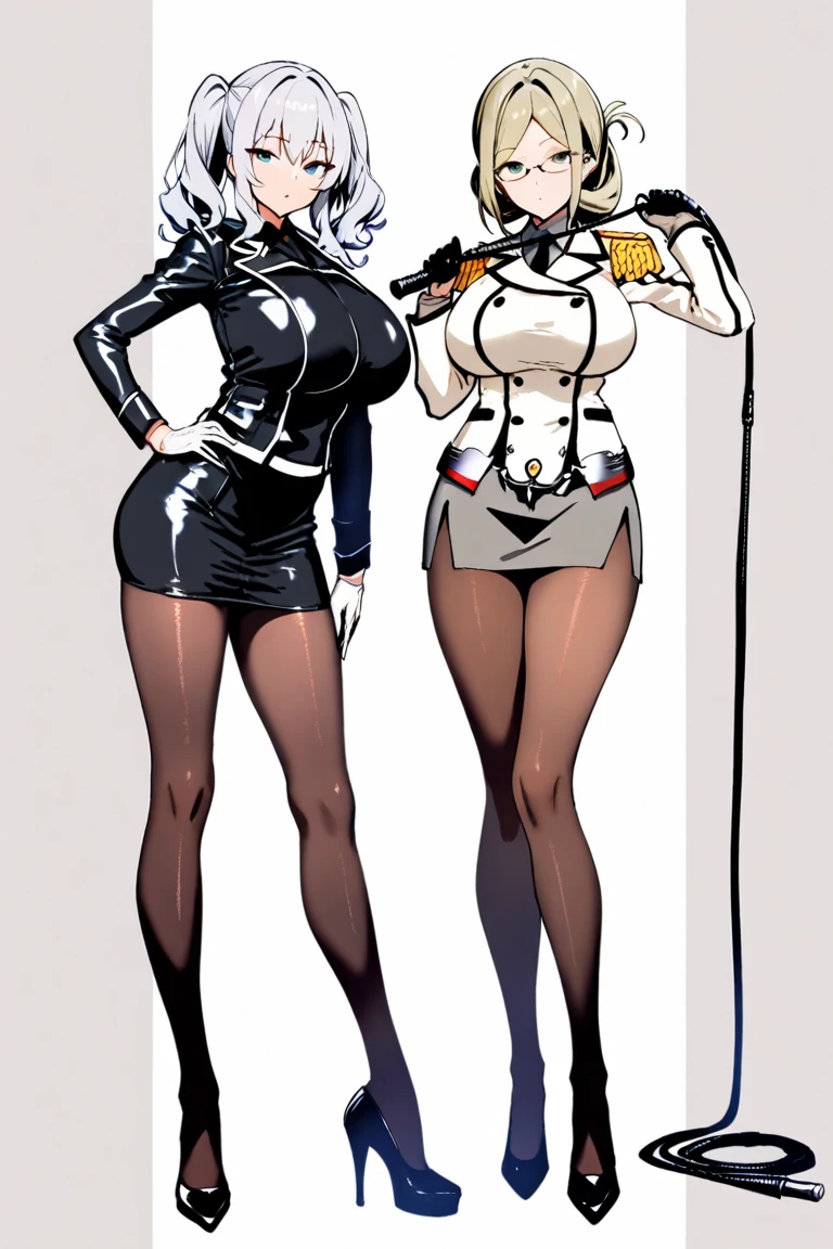(masterpiece, best quality, high resolution, (huge breasts)) woman, very straight long white hair, white cyberpunk style business woman suit, earrings and choker, high heels, pantyhose, serious posture, (white background, Stickers.Redmond) , ((full body standing)),