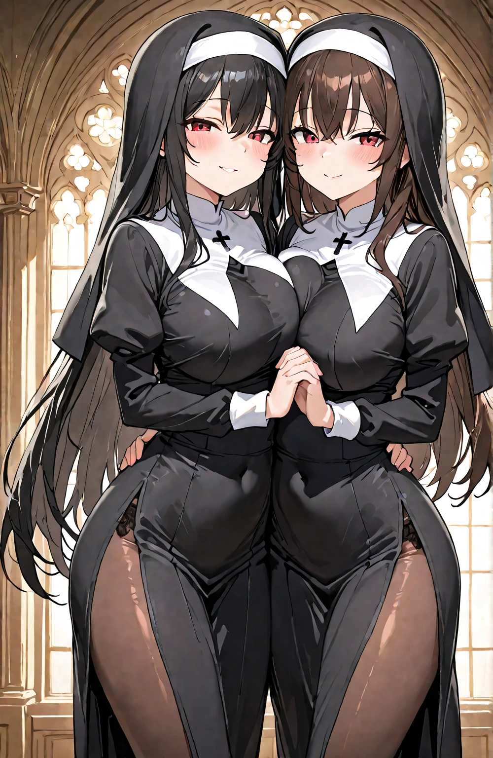 Masterpiece+, Official+++, all intricate, glistning skin+, Oily skin+, Attractive proportions, Sadistic charming smile, torogao, Awesome metallic surface texture, (), breast enhancement, huge boob, toned female, Two nun characters stand side by side, Both are cloaked in elegance, form-fitting outfit. On the left, A long role, Flowing black hair wears a shine, Dark ensemble. Her costume has a cross on the chest, Long sleeves, and long skirts. She was holding a chain with pendulum-like weights at both ends. on the right, The second character, silvery white hair, Wear rustic clothes, Off-white clothes,In stark contrast to her companions. The design of the two outfits is similar,The high neck and waistline accentuate, Exudes a sense of unity. The details of their costumes, From buttons to patterns, Well-rendered. Both figures have a composed demeanor, Their expressions were pensive,