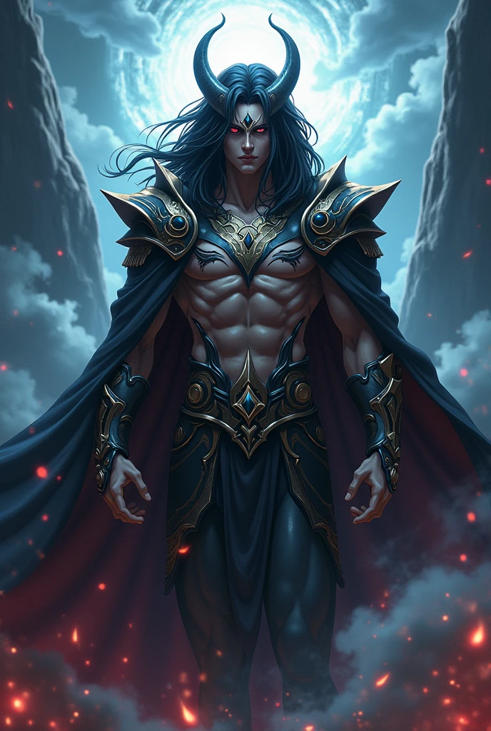 (Perfectly Detailed Eye Rendering), Create an image that depicts Hades, inspired by the book descriptions of the Hades and Persephone saga, written by Scarlett St. Clair. Hades is described as an imposing and seductive Greek god with a dark and powerful aura. He possesses a tall stature and a sculpted body, emanating strength and authority. Her black hair is long and dense, falling in seductive waves over her broad shoulders. His deep eyes are the most intense blue color, conveying a magnetic mystery. He has majestic black horns that curve elegantly around his head, further underscoring his divine nature. The expression on his face reflects a piercing gaze, full of power and knowledge of the dark world he rules. (His skin is pale as the silvery light of the moon:1.2), contrasting with the gloomy scenery around him. In addition, Hades is depicted wearing elegant and majestic costumes, which perfectly match his imposing presence. Their appearance is a balance between beauty and power, attracting both admiration and awe. When creating the image of Hades, be sure to capture his dominant presence, the intensity of his gaze, and the combination of his dark and seductive features. The image should convey the strength and mystery that surrounds it, bringing to life this fascinating Greek god of the underground.