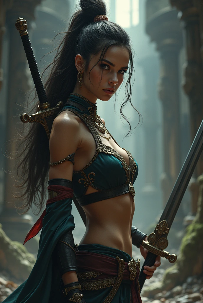Zeina the warrior equipped with realistic swords